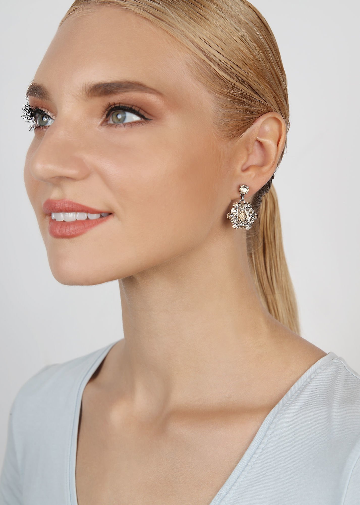 image for Earring stud dangling Bended Lights Beige crystal golden shadow 