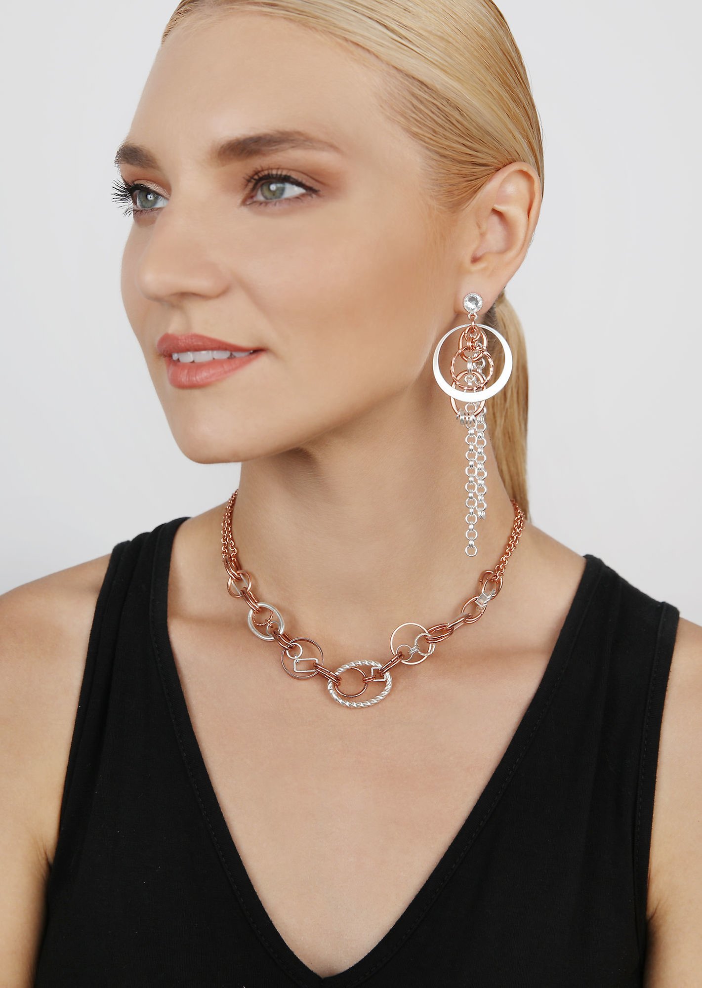 image for Earring Stud Dangling Rings in Concert Silver / Copper  