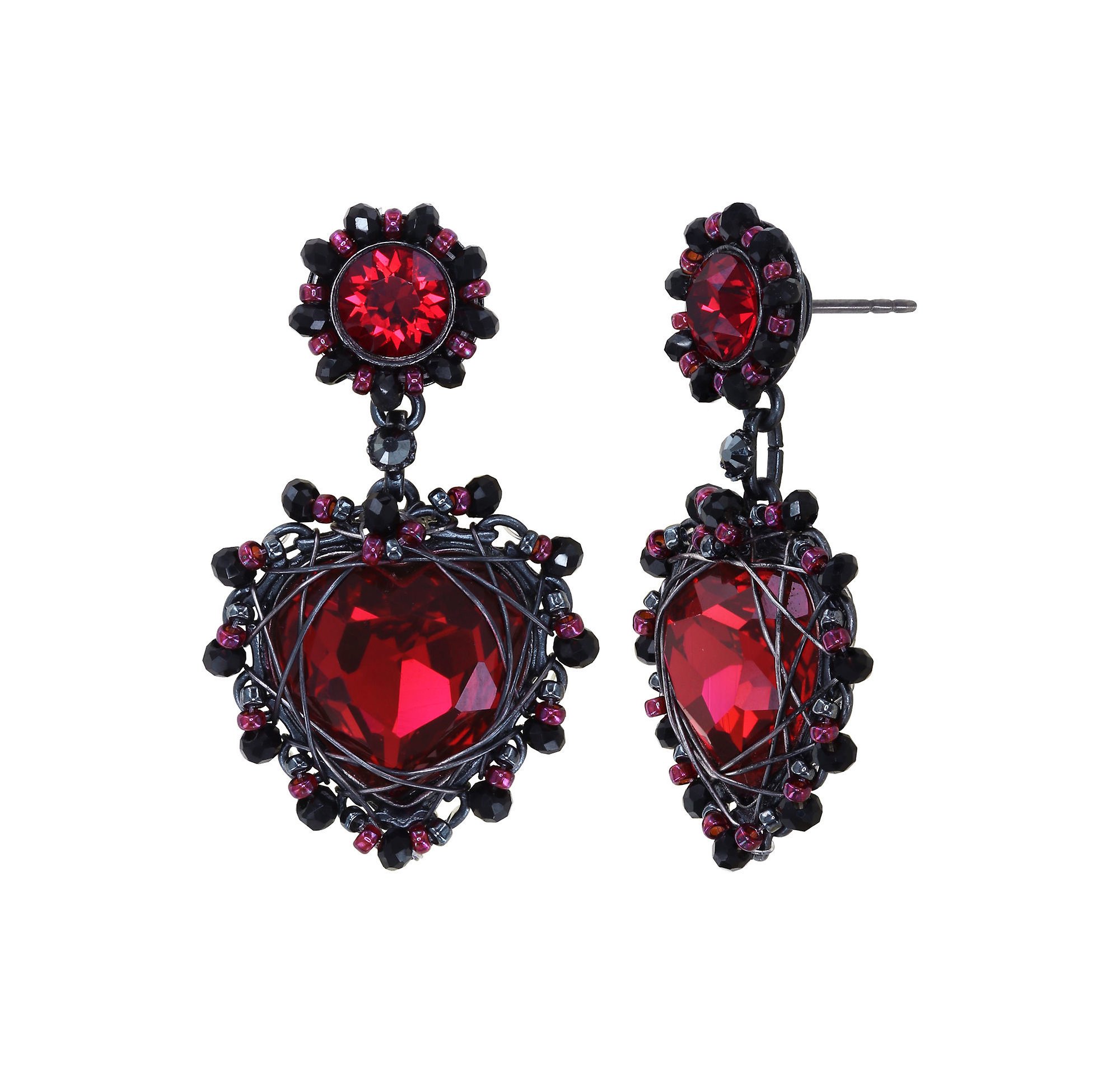 image for Earring Stud Dangling Heart Beat Black / Red  