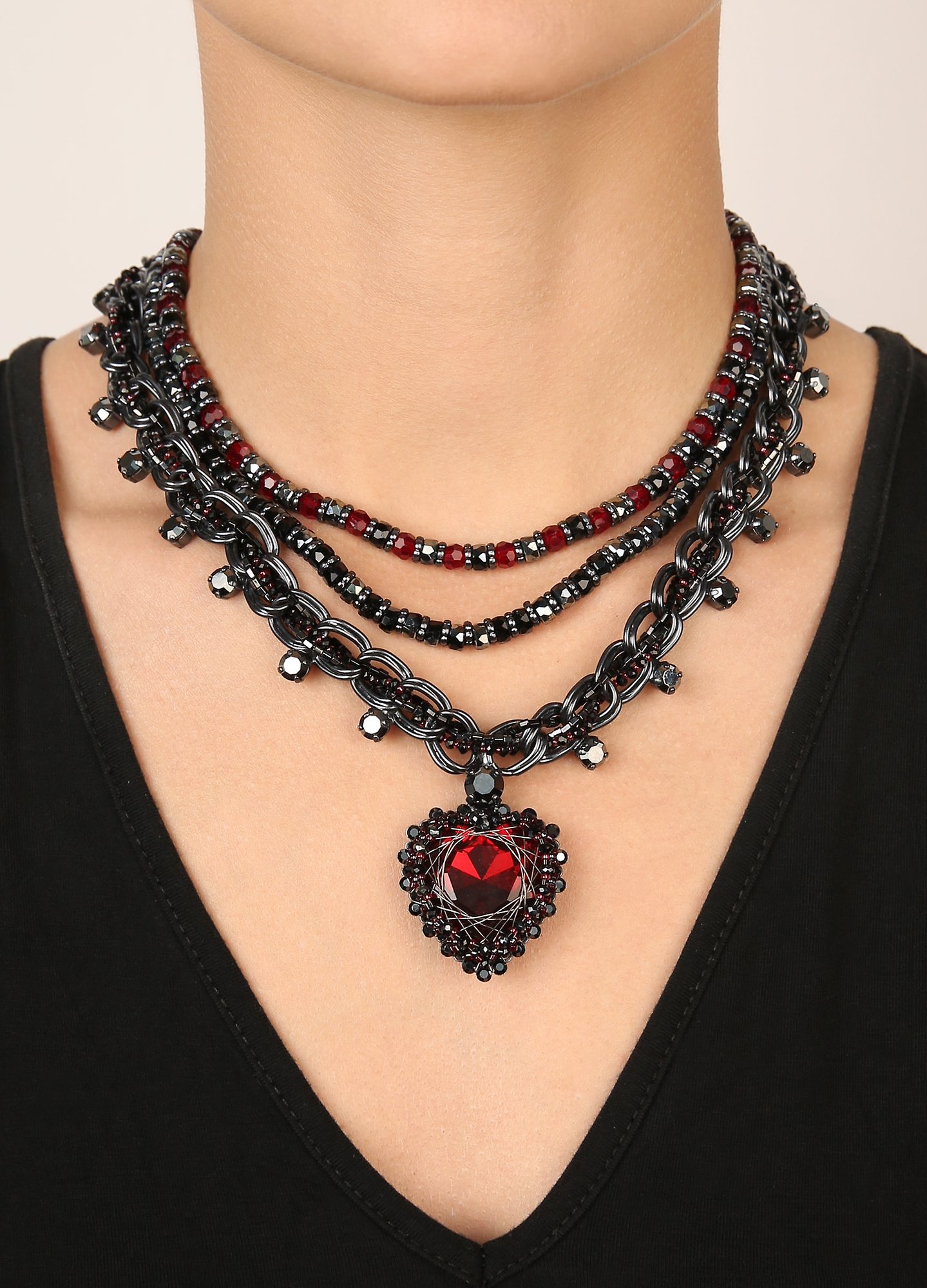 image for Necklace Collier Heart Beat Black / Red  