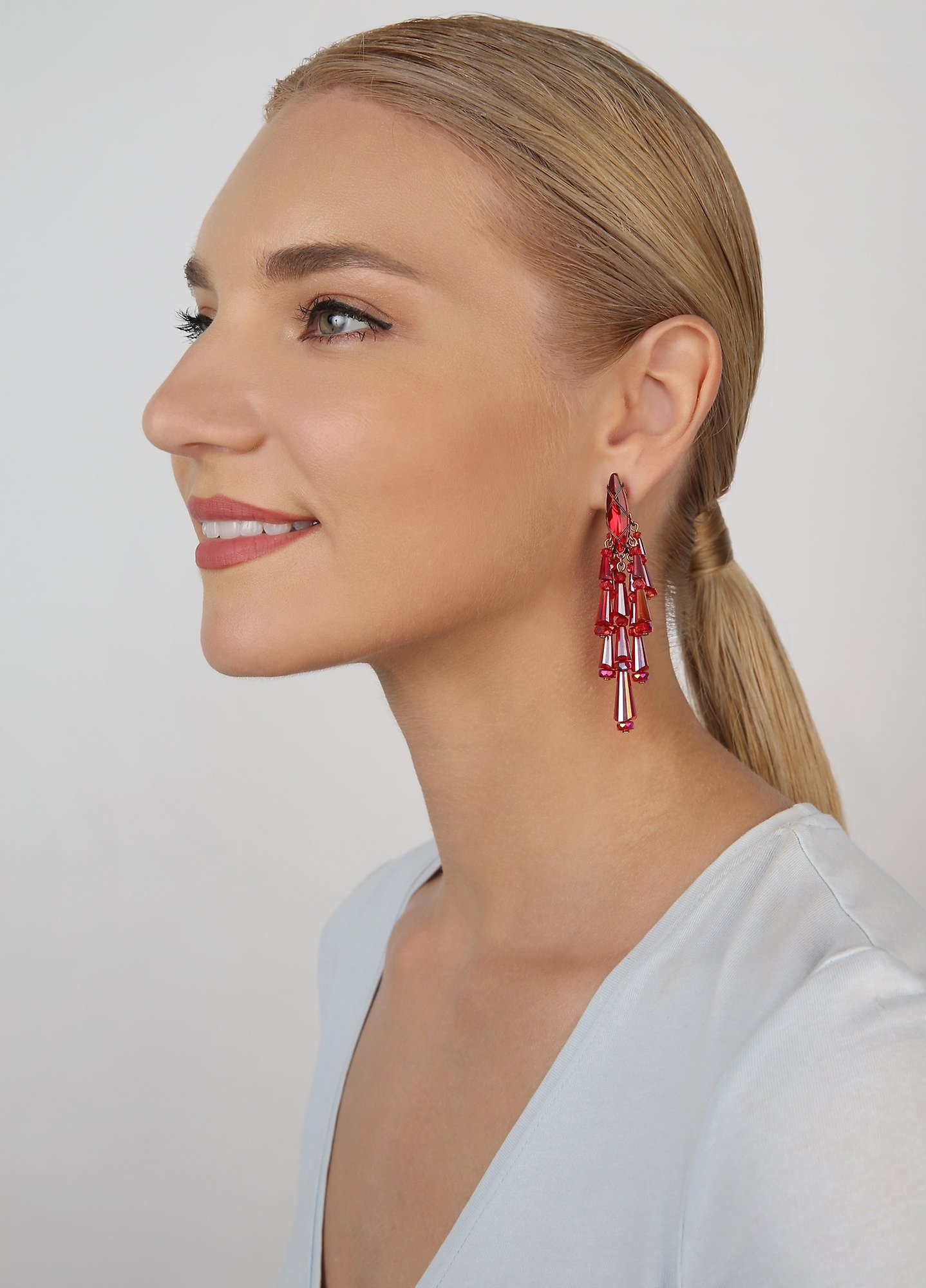 image for Earring Stud Dangling Gem Chandelier Red  