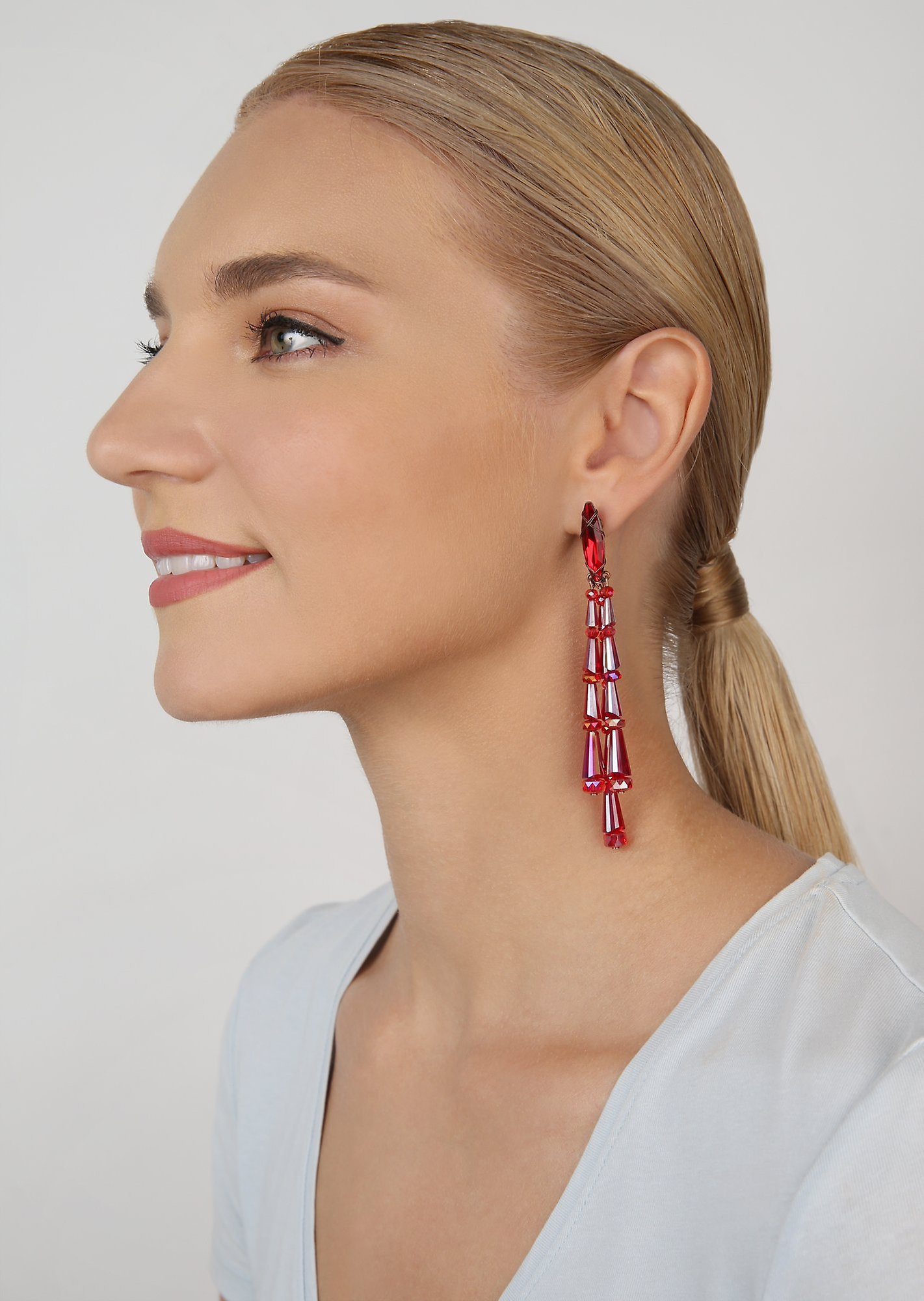 image for Earring stud dangling Gem Chandelier Red  