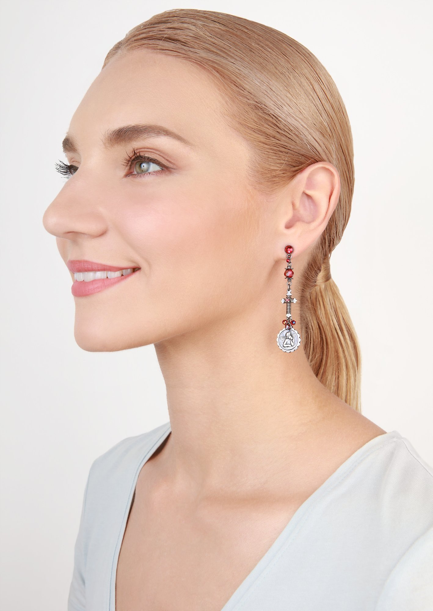 image for Earring Stud Dangling Love, Hope and Destiny Red  