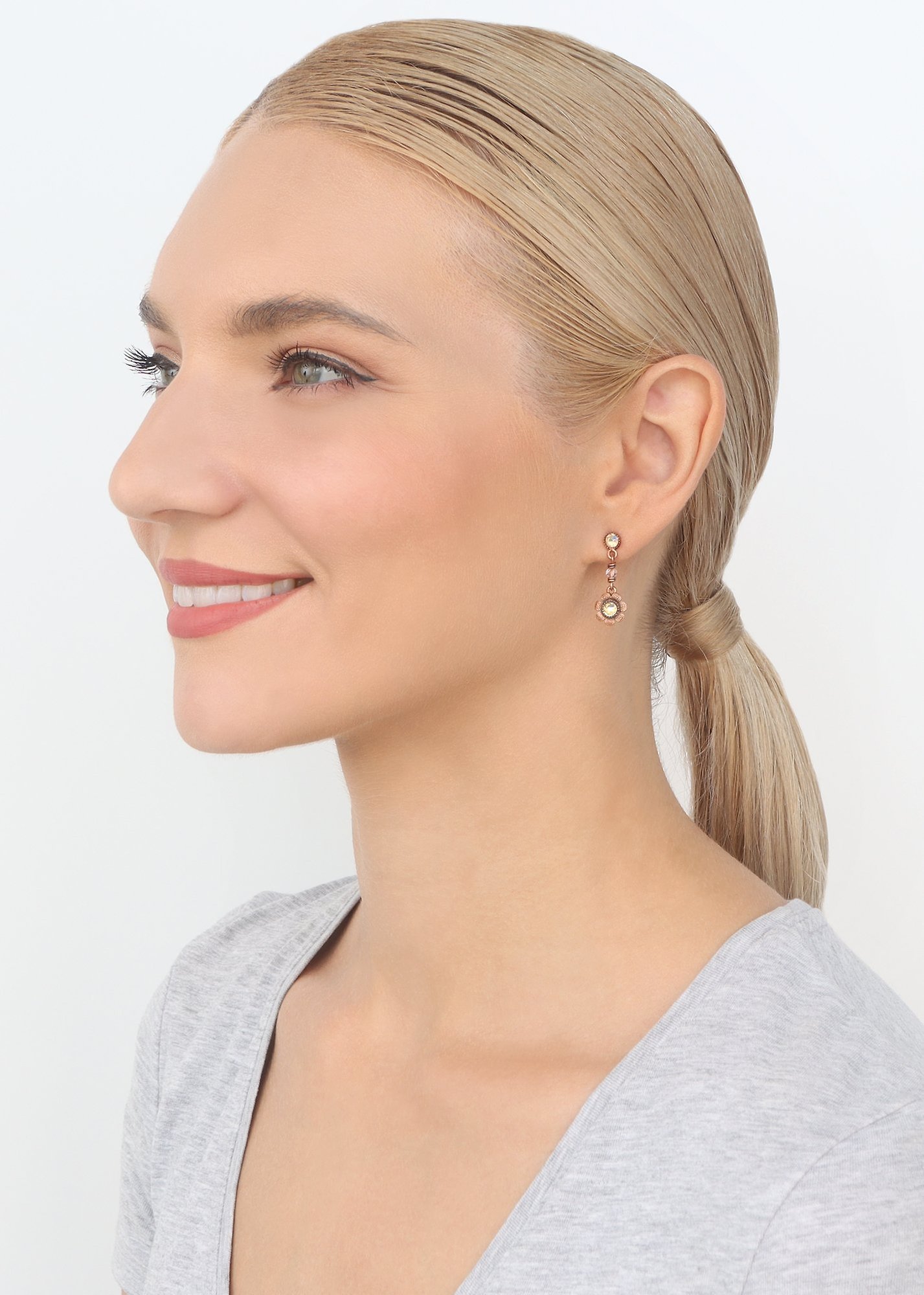 image for Earring Stud Dangling Love, Shine and Flowers Pink  