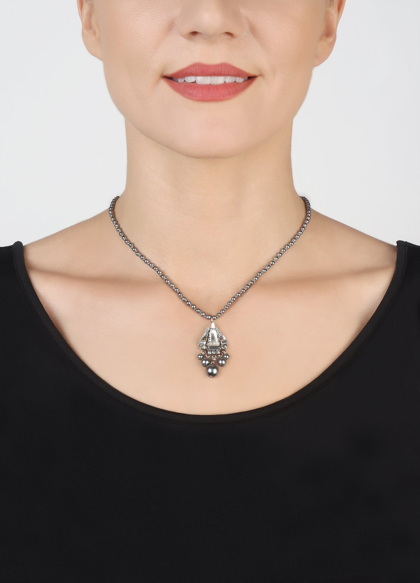 image for Necklace Spikes and Pearls Black / White  size S